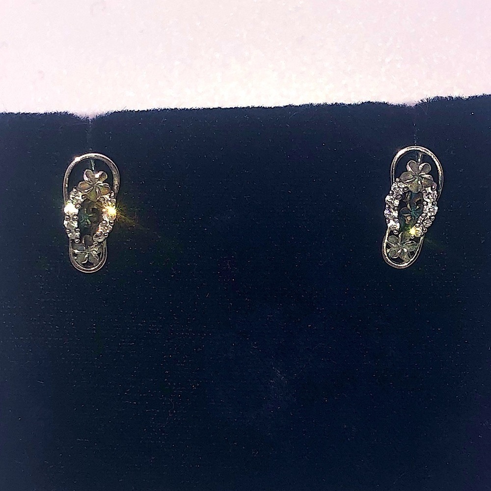 VTG Sterling & Cz Stone Sandal Thong Slipper Floral Plumeria Hibiscus Studs 20mm
